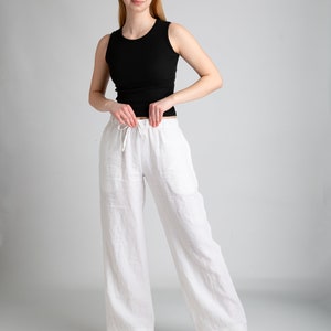 White Linen Pants Pants For Women Linen Trousers with Pockets Low Waist Pants Women's Linen Pants Women's Clothing %100 Linen image 5