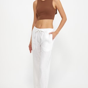 Pantalon en lin blanc Pantalon en lin avec poches Pantalons pour femmes Pantalon taille basse Pantalon en lin pour femme Vêtements pour femmes 100 % lin image 5