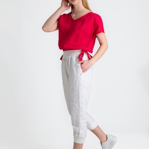 White Linen Pants Linen Trousers with Pockets Women's Pants Short Leg Pants Women's linen trousers 100% linen women's clothing image 2