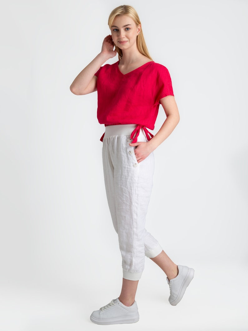 White Linen Pants Linen Trousers with Pockets Women's Pants Short Leg Pants Women's linen trousers 100% linen women's clothing image 2