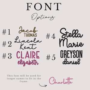 May include: A chart titled FONT Options displaying five numbered embroidery styles. Option 1 shows Jacob THOMAS, 2 shows Lincoln Kent, 3 shows CLAIRE elizabeth, 4 shows Stella Marie, and 5 shows GREYSON daniel. Text below notes this font for longer names.