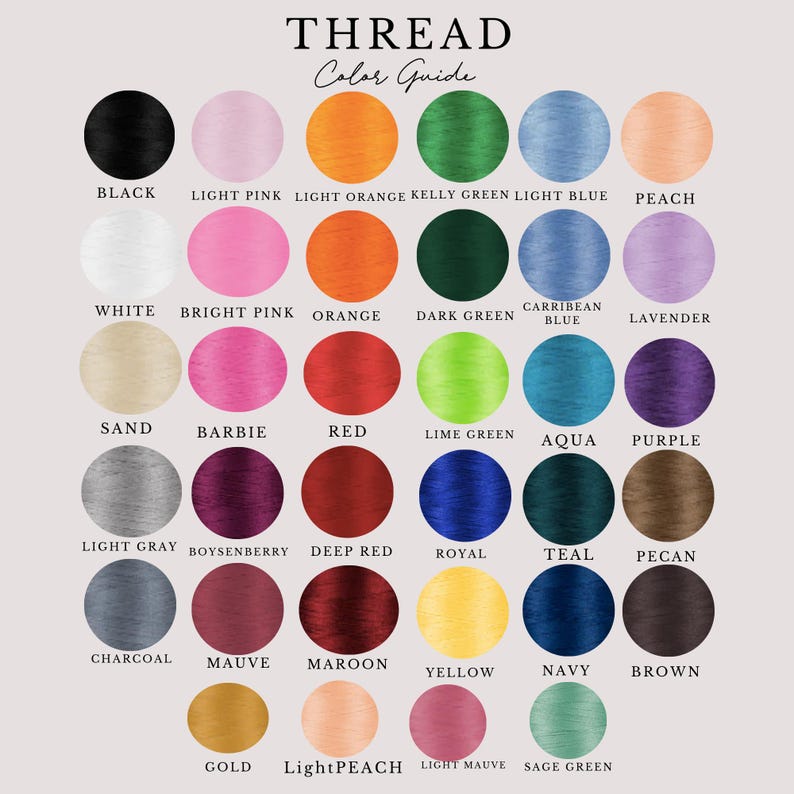 May include: A thread color guide chart featuring thirty-seven circular swatches of various thread colors arranged in a grid. Each circle is labeled with its corresponding color name, including black, pink, orange, green, blue, red, and brown.