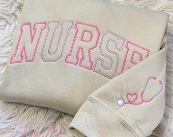 Embroidered NURSE Athletic Block Gemma Sweatshirt | Nurse Pullover Sweatshirt | Gift for Grad | New Nurse Gift | Nurse Crewneck Sweatshirt