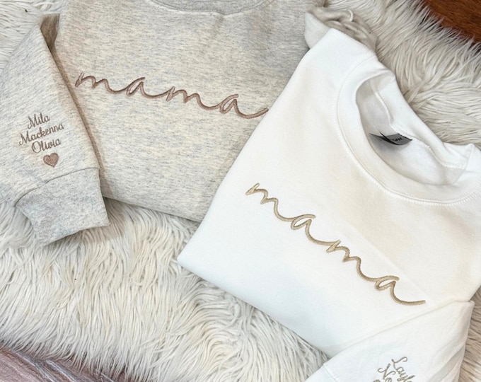 Custom Mama Embroidered Sweatshirt, Curved Neckline Mama Sweatshirt, Personalized Mom Embroidered Sweatshirt, Pregnancy Announcement