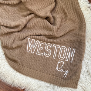 Pu&ograve; includere: Una coperta lavorata a maglia color marrone chiaro con il nome WESTON Ray ricamato in filo bianco. La coperta presenta un motivo a legaccio testurizzato e un bordo a coste sul fondo, creando un netto contrasto tra il tessuto e il testo.