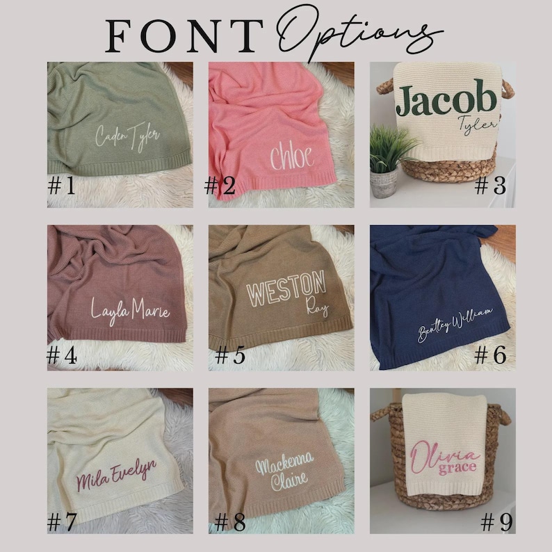 Pu&ograve; includere: Una griglia di nove coperte lavorate a maglia in vari colori, tra cui verde salvia, rosa, marrone chiaro, blu navy e crema. Ogni coperta presenta un nome ricamato e uno stile di carattere diverso, numerati da 1 a 9. Alcune coperte sono piegate, altre drappeggiate su cesti.