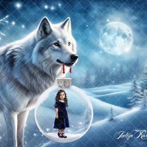 May include: A white wolf with red eyes stands in a snowy winter scene with a full moon in the background. A young girl in a blue dress is inside a clear glass Christmas ornament hanging from the wolf's mouth.