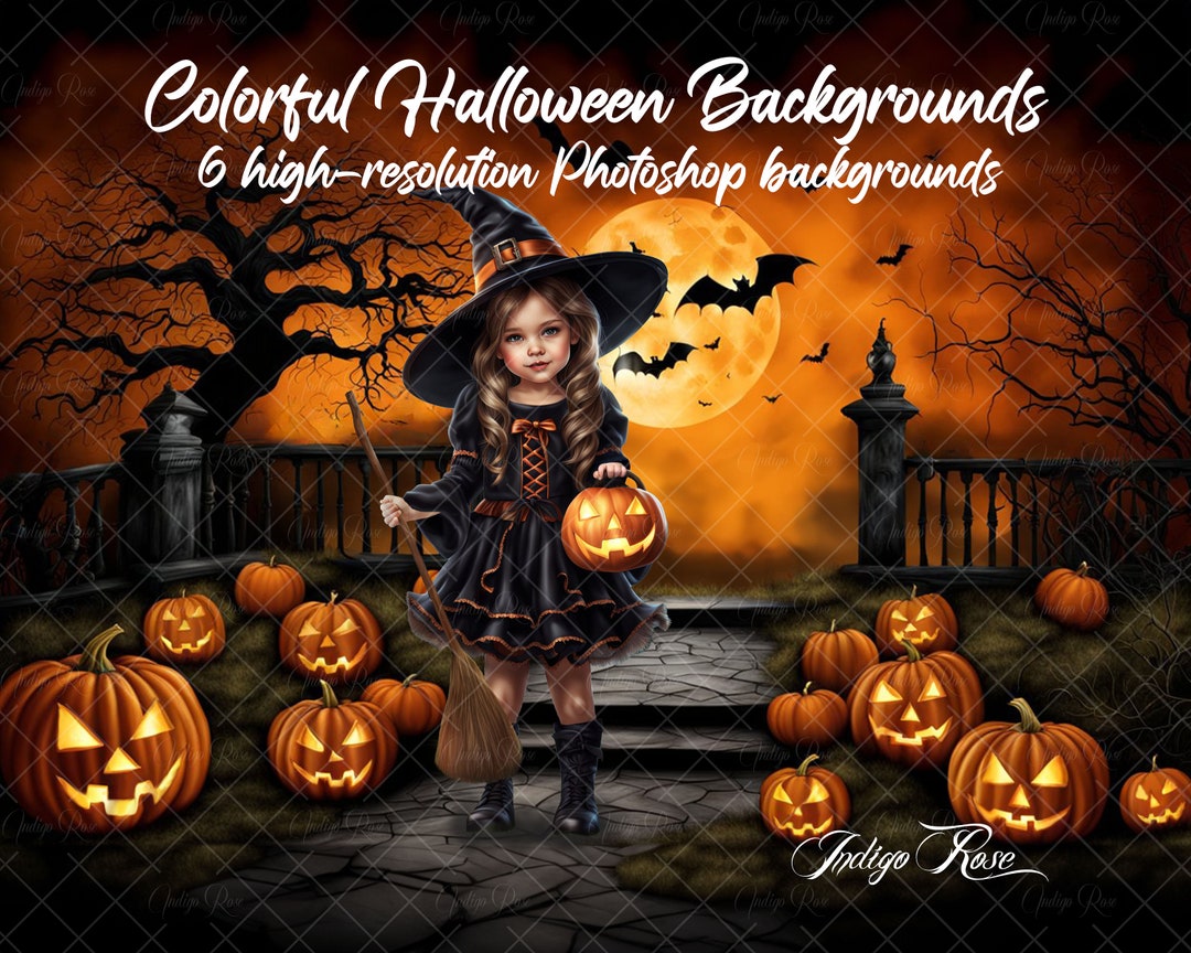 6 Colorful Halloween Digital Backdrops, Haunted House, Haunted Path