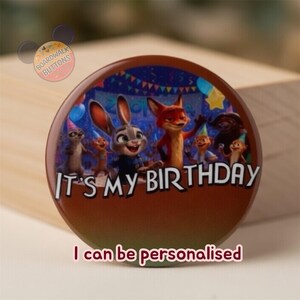Zootropolis-inspirerad födelsedags- och firandeknapp | Personlig nål | 7,5 cm | Disney Park-stil | Judy Hopps Nick Wilde