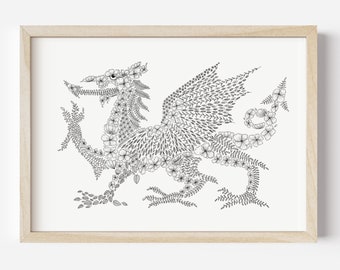 Puede incluir: Un dibujo en blanco y negro de un dragón hecho completamente de flores y hojas. El dragón está en posición de pie con las alas extendidas.