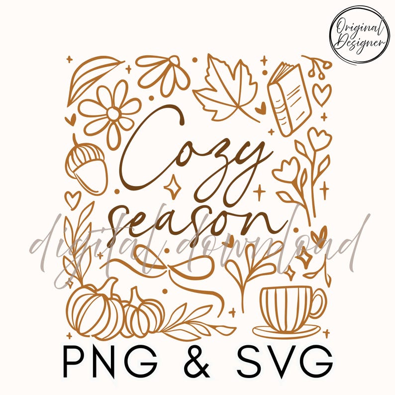 Pu&ograve; includere: Un design digitale con la scritta "Cozy season" in corsivo, circondata da illustrazioni a tema autunnale. Include zucche, foglie, fiori e una tazza di caff&egrave;. &Egrave; presente anche il testo "PNG & SVG".