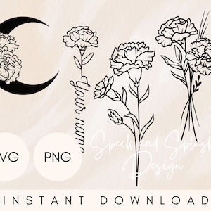 Lot de svg oeillets, fleur de naissance janvier svg png, svg de fleur de naissance de nom, fleur d'oeillet svg, lot de cliparts oeillets, fleur lune png
