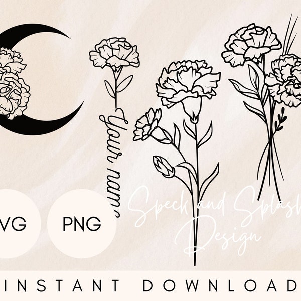 carnation svg bundle, January birth flower svg png, name birthflower svg, carnation svg flower, carnation clipart bundle, flower moon png