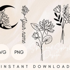 Lot de nénuphars SVG/PNG, bouquet de fleurs de naissance juillet clipart nénuphar, nom personnalisé svg fleur de naissance, lune magique svg floral