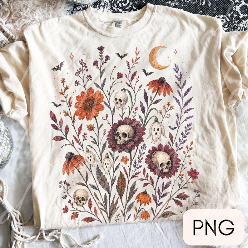 Gruselige Wildblumen png, Retro Herbst Sublimationsdesign, Cottagecore Herbst png, Trendy Blumen Herbst Png, Halloween Shirt Design Bild 3