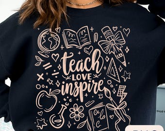 Doodle teach Love Inspire PNG: Diseño de sublimación de coqueta maestra (descarga digital)