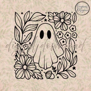 May include: A black and white illustration of a ghost with floral and leaf elements. The ghost has two black eyes and is surrounded by flowers, leaves, and stars. The words "Original Designer" are in a circle.