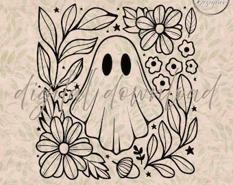 Floral Ghost SVG outline: Boho Halloween Fall Design (Digital Download)