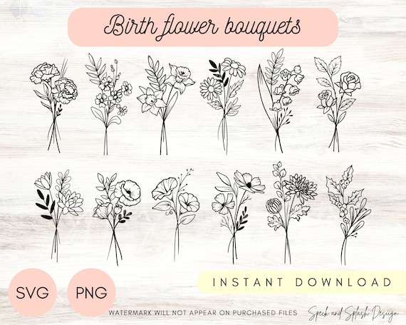 birthflower SVG, Birth Month Flower Bouquet SVG & PNG, , Botanical Clipart (Digital Download)