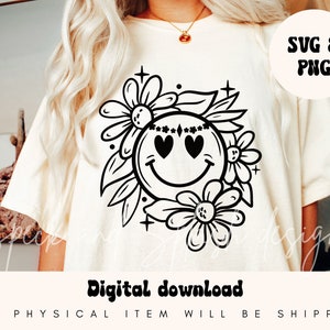 hippie Herz Auge Smiley svg, groovy Sommer Smiley svg mit Blumen, Gänseblümchen Smiley svg für Festival shirts, boho retro Blumen Plotterdatei