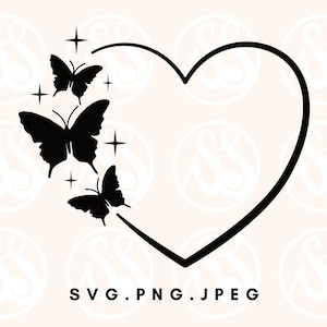 Coração aberto com 3 borboletas svg, silhueta de borboleta coração svg png, arquivo de corte de borboleta para cricut, clipart de borboleta simples