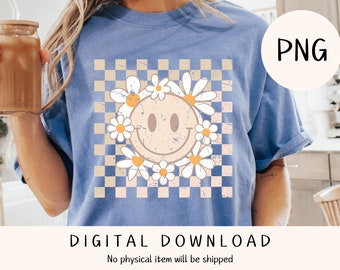 Retro Smiley Daisy PNG: Distressed Checkerboard Design (Digital Download)