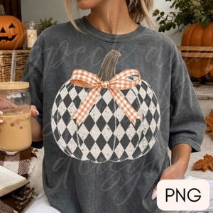 May include: A charcoal gray short-sleeve t-shirt featuring a large graphic of a pumpkin with a black and white diamond harlequin pattern. The pumpkin is adorned with a light orange and white gingham check bow tied around its stem.