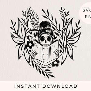Squelette de fille lisant SVG, svg coeur livresque, juste un chapitre de plus witchy svg, clipart amateur de livres, png de passionné de livres d'horreur, sublimation