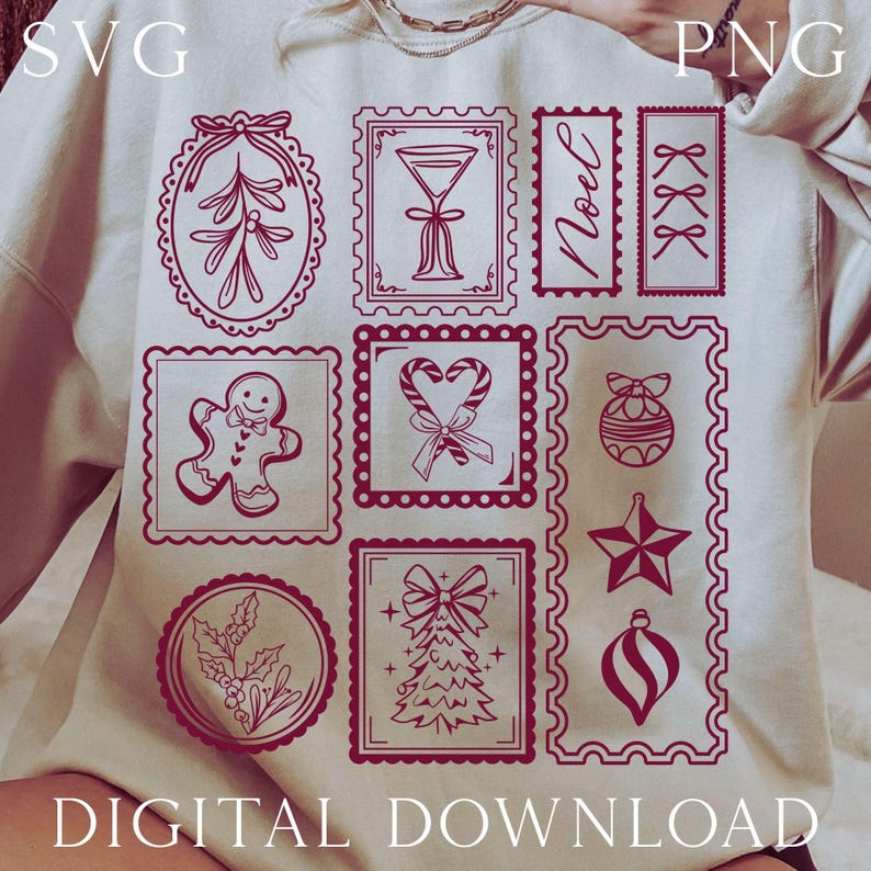 May include: Cream-colored sweatshirt featuring a collection of red Christmas-themed postage stamp designs. The stamps depict festive elements like a gingerbread man, candy canes, and a Christmas tree. The text "DIGITAL DOWNLOAD" is at the bottom.