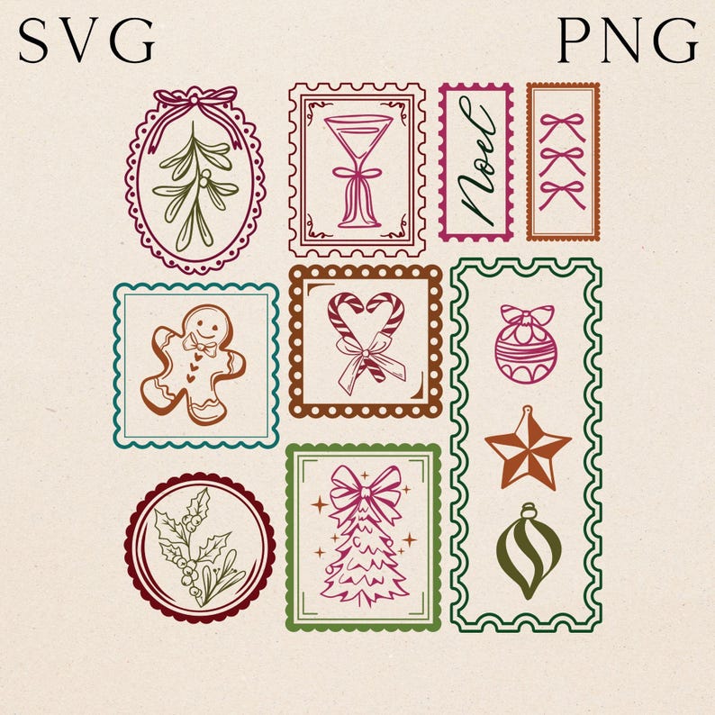 May include: A collection of Christmas-themed postage stamp designs. Each stamp features a different holiday illustration, including a gingerbread man, candy canes, a Christmas tree, and the word "Noel". The stamps are in various colors and shapes.