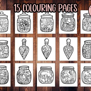 Może przedstawiać: 15 czarno-białych stron do kolorowania przedstawiających słoiki z r&oacute;żnymi scenami z natury. Tekst "15 Colouring Pages" i "PDF" znajduje się w g&oacute;rnej części obrazu.