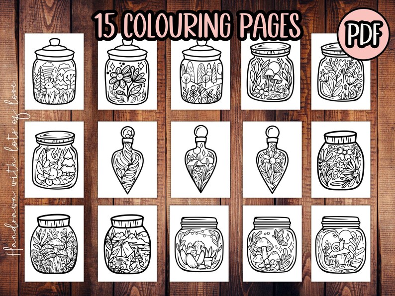 Może przedstawiać: 15 czarno-białych stron do kolorowania przedstawiających słoiki z r&oacute;żnymi scenami z natury. Tekst "15 Colouring Pages" i "PDF" znajduje się w g&oacute;rnej części obrazu.