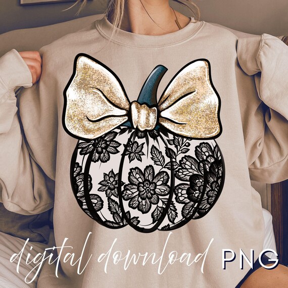 Gold Glitter Coquette Pumpkin PNG: Lace Bow Fall Design (Digital Download