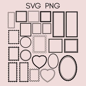 May include: A collection of black and white frame designs in various shapes and sizes, including rectangles, squares, circles, ovals, and hearts. The frames have decorative edges and are set against a pale pink background. The text "SVG PNG" is at the top.