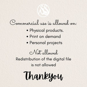 May include: A digital graphic with text stating commercial use is allowed on physical products, print on demand, and personal projects. Redistribution of the digital file is not allowed. The word "Thankyou" is at the bottom.