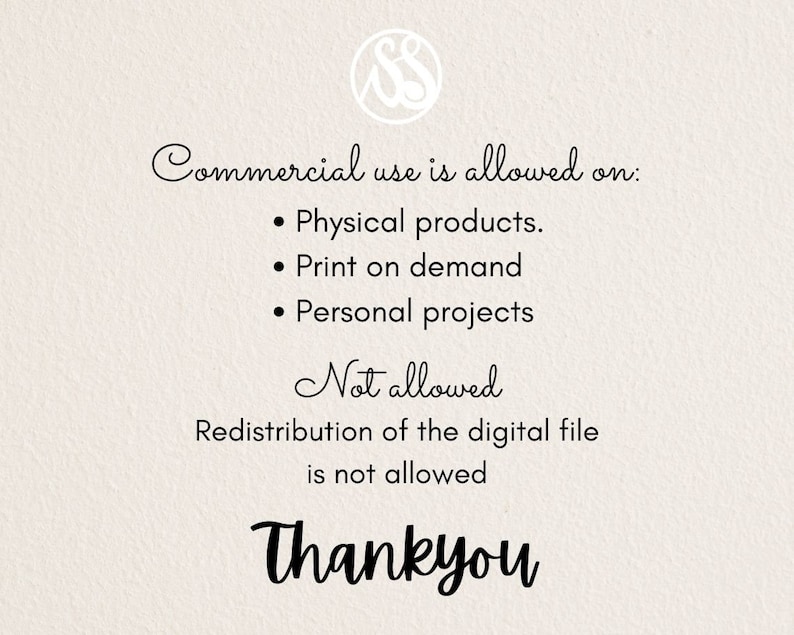 May include: A digital graphic with text stating commercial use is allowed on physical products, print on demand, and personal projects. Redistribution of the digital file is not allowed. The word "Thankyou" is at the bottom.