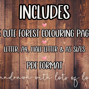Może przedstawiać: Drewniane tło z tekstem "INCLUDES 15 CUTE FOREST COLOURING PAGES LETTER, A4, HALF LETTER & A5 SIZES PDF FORMAT Handrawn with lots of love".