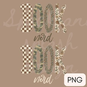 Op de afbeelding: Een digitaal grafisch ontwerp met het woord BOOK in grote blokletters, elk met een uniek patroon: bruin dambord, camouflage, luipaardprint en bloemen. Onder elk woord staat de in cursief geschreven tekst nerd. Het ontwerp herhaalt zich.