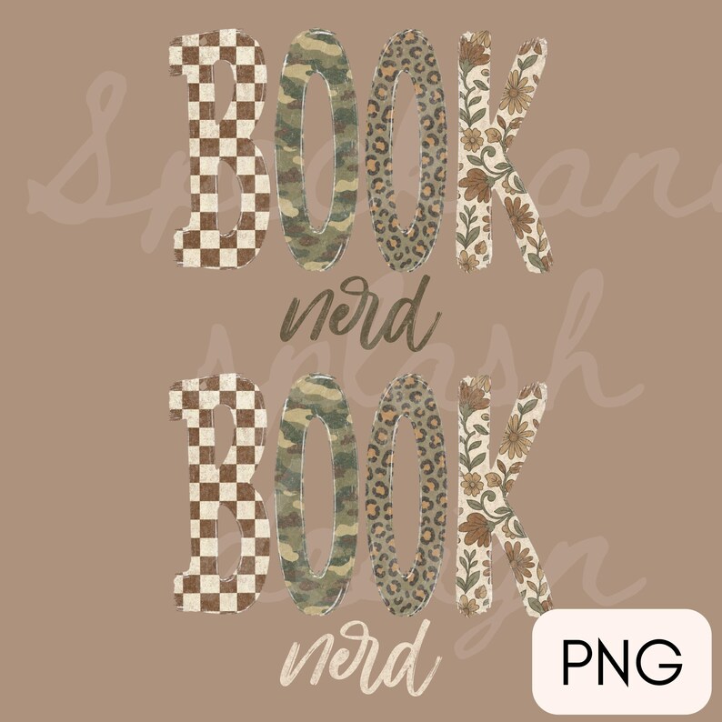 Op de afbeelding: Een digitaal grafisch ontwerp met het woord BOOK in grote blokletters, elk met een uniek patroon: bruin dambord, camouflage, luipaardprint en bloemen. Onder elk woord staat de in cursief geschreven tekst nerd. Het ontwerp herhaalt zich.