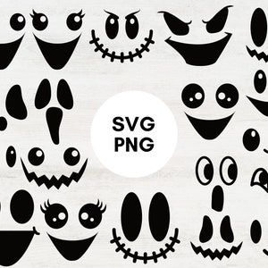 spookgezicht svg bundel, jack o lantern pompoen gezichten svg gesneden bestanden voor de cricut en silhoette, zwarte png spookgezichten, kawaii halloween svg png