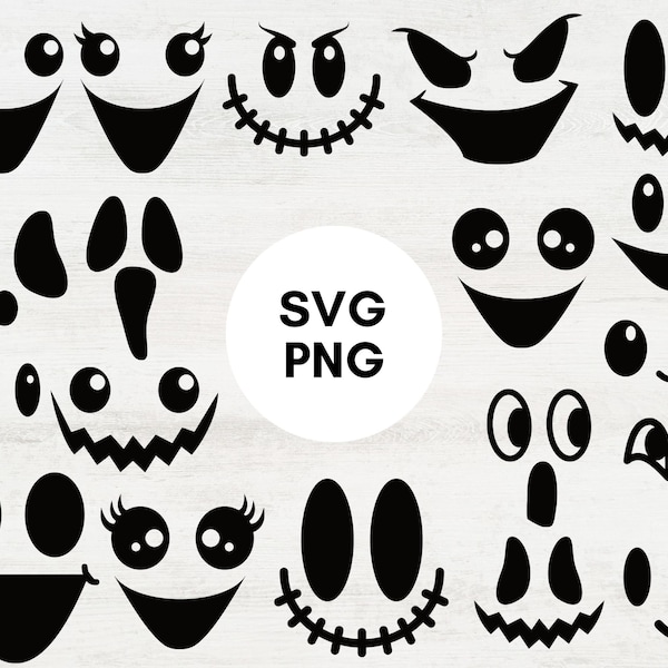 ghost face svg bundle, jack o lantern pumpkin faces svg cut files for cricut and silhoette, black png ghost faces, kawaii halloween svg png