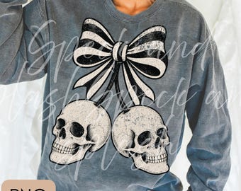 Coquette Striped cherry skull png, distressed gothic graphic, Trendy halloween png design, shirt Sublimation design