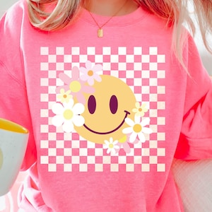 noodlijdende geruite madeliefjesmiley png, retro smiley png shirtontwerp, geruite smiley png sublimatieontwerp, groovy madeliefjesmileyontwerp