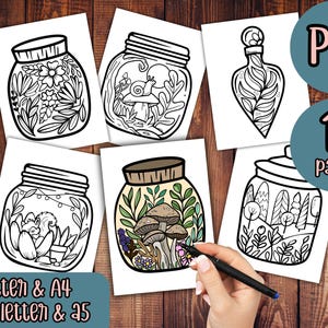 Może przedstawiać: Zestaw 15 drukowanych stron do kolorowania przedstawiających r&oacute;żne ilustracje słoik&oacute;w wypełnionych elementami inspirowanymi naturą, takimi jak kwiaty, grzyby i drzewa. Strony są zaprojektowane dla format&oacute;w papieru letter i A4.
