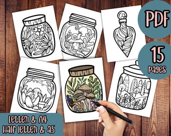 Cozy jar coloring pages, simple bold coloring, forest activity pages, adult coloring, relaxing activity pages
