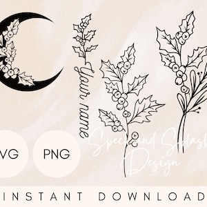 pacote svg de azevinho de natal, svg personalizado de flor de nascimento de dezembro, png, clipart de lua de inverno boho, design de sublimação de arbusto de azevinho