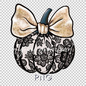 May include: A digitally created pumpkin design with a cream-colored base, adorned with black floral lace patterns. A large, glittery gold bow sits atop the pumpkin, with a teal stem. The word "PNG" is at the bottom. The text "digital download" is on the pumpkin.