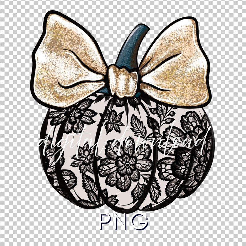 May include: A digitally created pumpkin design with a cream-colored base, adorned with black floral lace patterns. A large, glittery gold bow sits atop the pumpkin, with a teal stem. The word "PNG" is at the bottom. The text "digital download" is on the pumpkin.