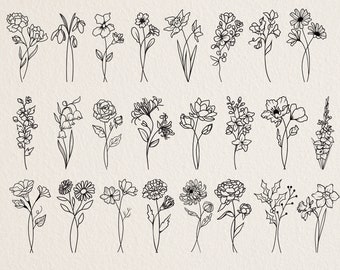 Birth Month Flower SVG PNG: 24 Hand-Drawn Floral Designs (Digital Download)