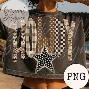 May include: A charcoal gray cropped t-shirt featuring the word HOWDY in large letters. Each letter has a different pattern including geometric, plaid, polka dot, checkerboard, and camouflage prints. A black star with white polka dots sits below.